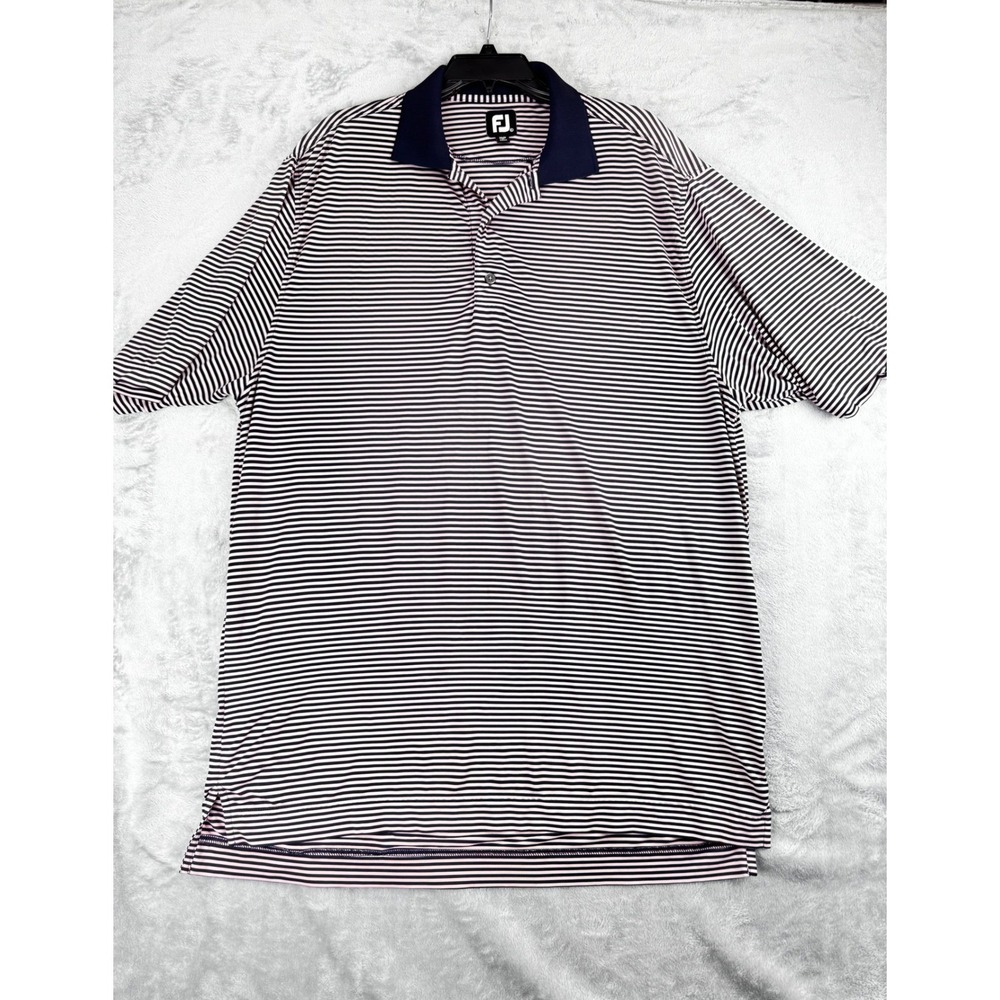 FootJoy Large Polo Shirt Mens Navy White Striped Excellent Golf Short Sleeve